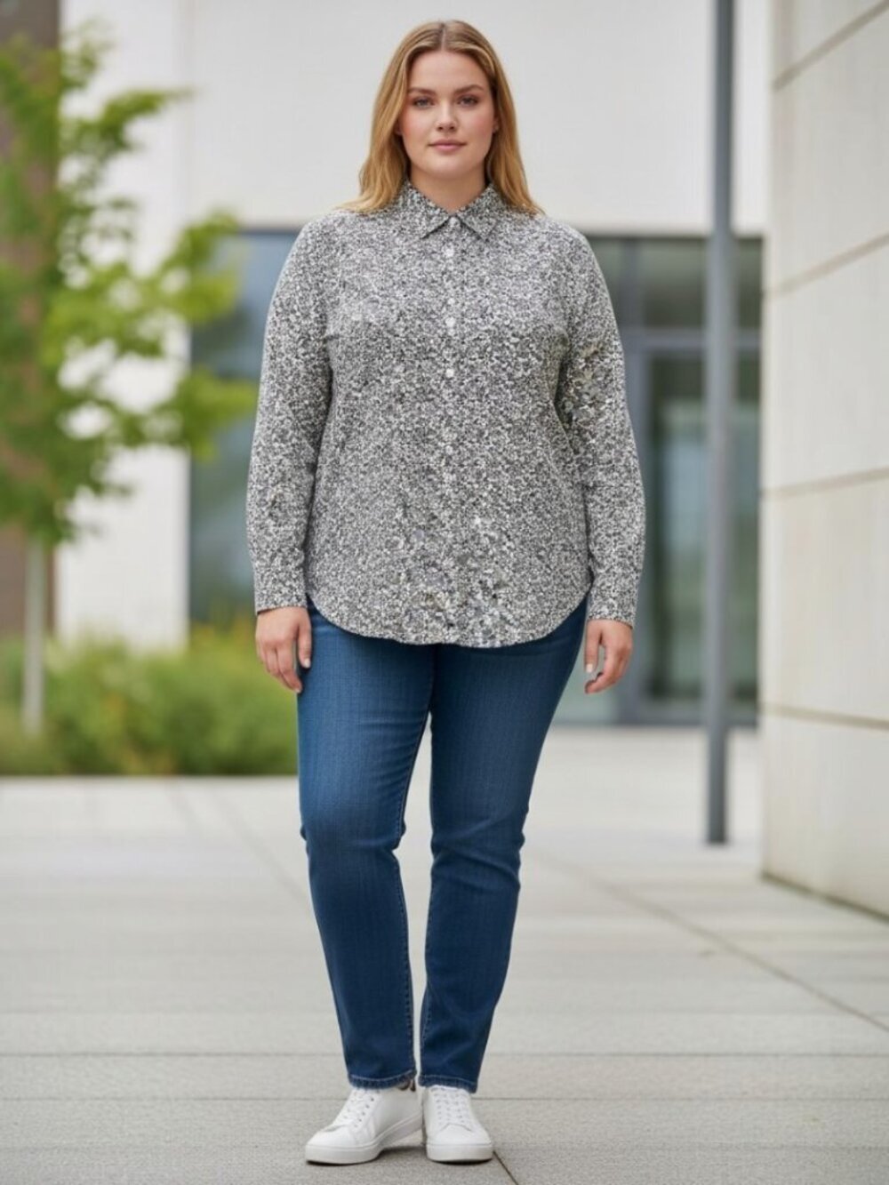 LL Bean Wrinkle-Free Pinpoint Oxford Shirt Black White Floral Relaxed Plus 2X